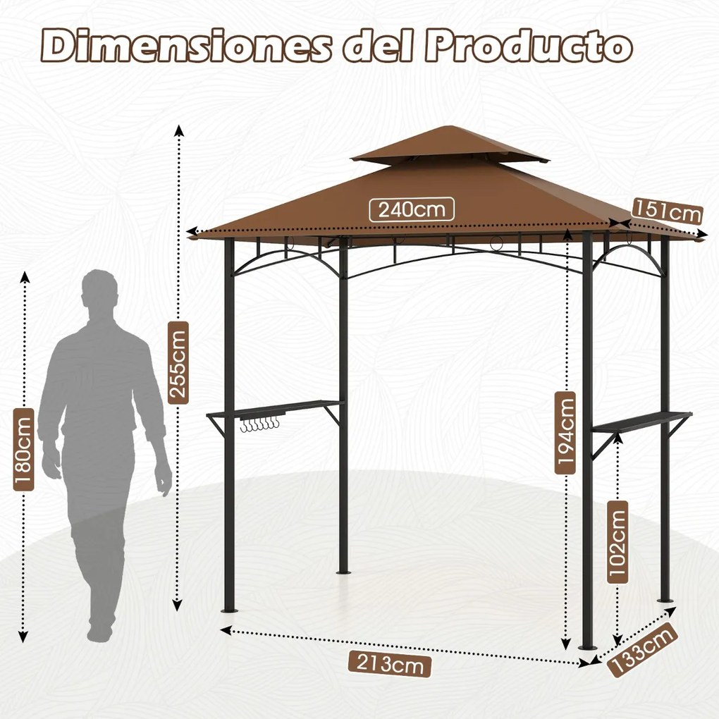 Tenda jardim para churrasqueira (NÃO INCLUIDA) de dois andares com 2 prateleiras e 7 ganchos, estrutura metálica e toldo flexível para jardim ou terra