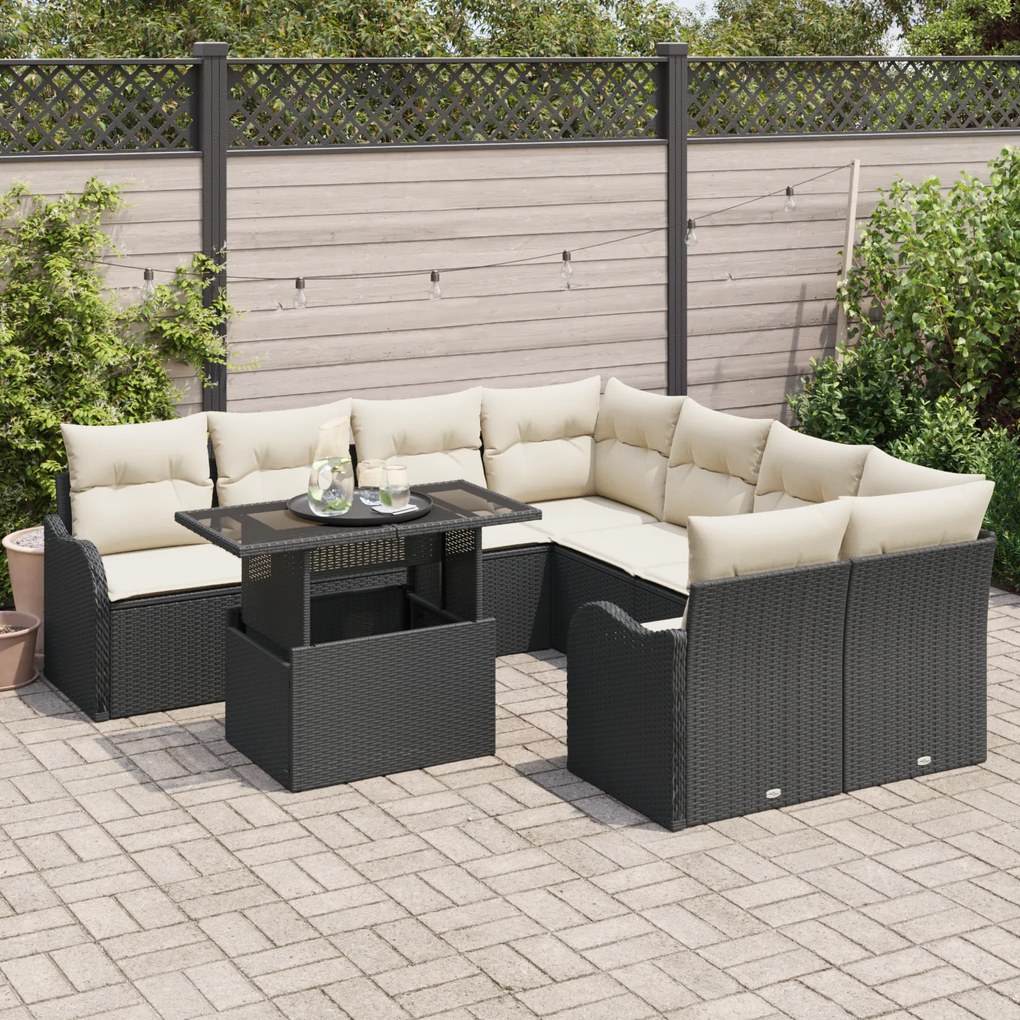 Conjunto de Sofás de Jardim vidaXL 9 Peças com Almofadas Preto Rattan
