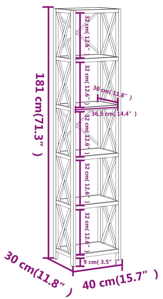 Estante com 6 prateleiras 40x30x181 cm madeira carvalho maciça
