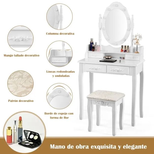 Conjunto de Toucador com Espelho Oval e 10 Lâmpadas LED Pernas em Madeira de Pinho e Almofadas Antiderrapantes Branco 75 x 40 x 146 cm Branco