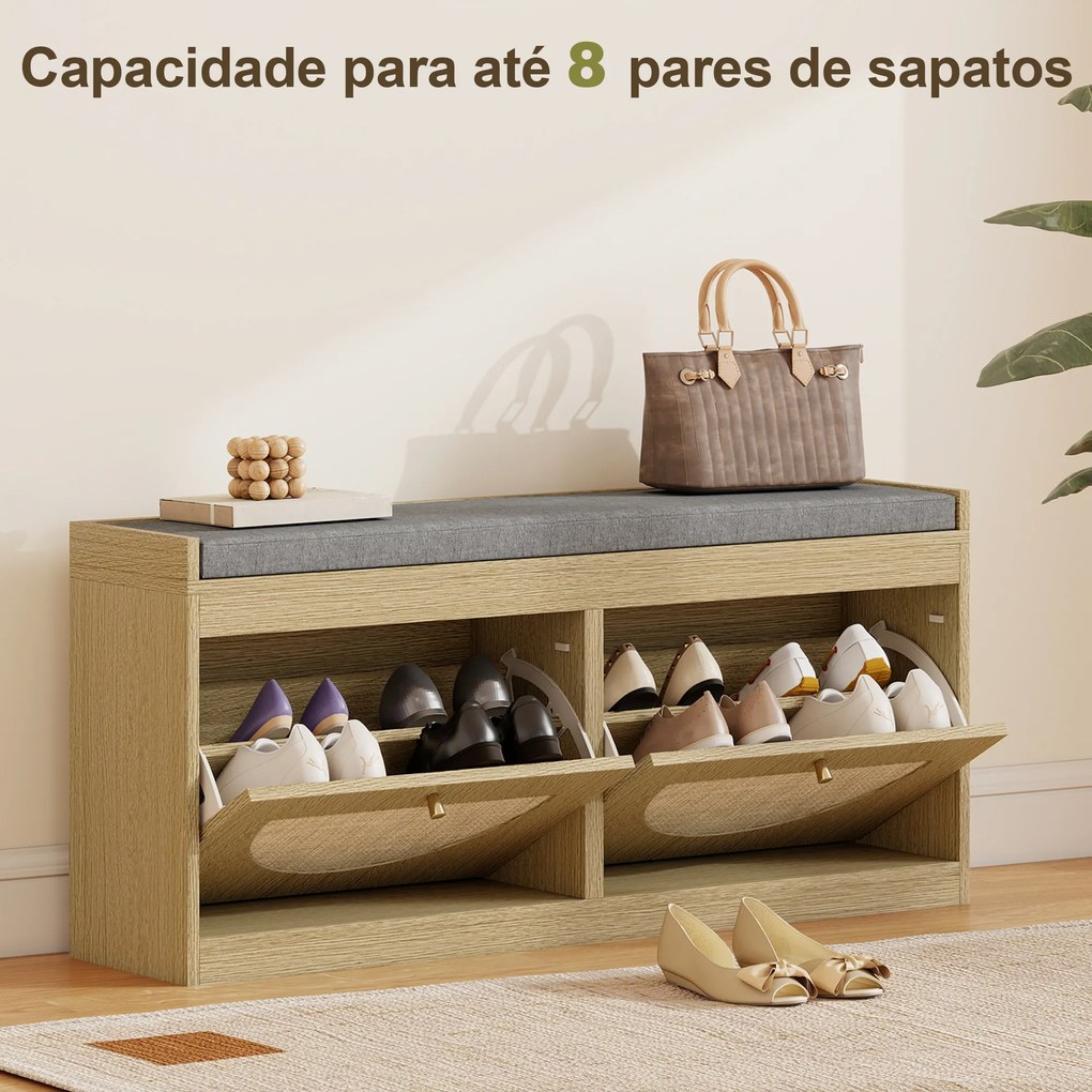 HOMCOM Banco Sapateira com Assento Acolchoado Portas em Vime Prateleira Ajustável para 8 Pares de Sapatos 104,5x24x48 cm Madeira