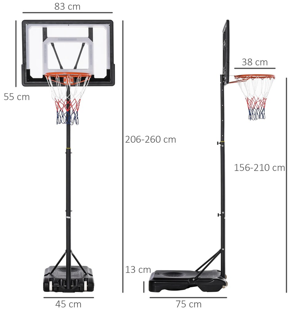 Cesto de Basquetebol para Exterior com Altura Ajustável  206-260 cm Rodas e Base Recarregável Preto