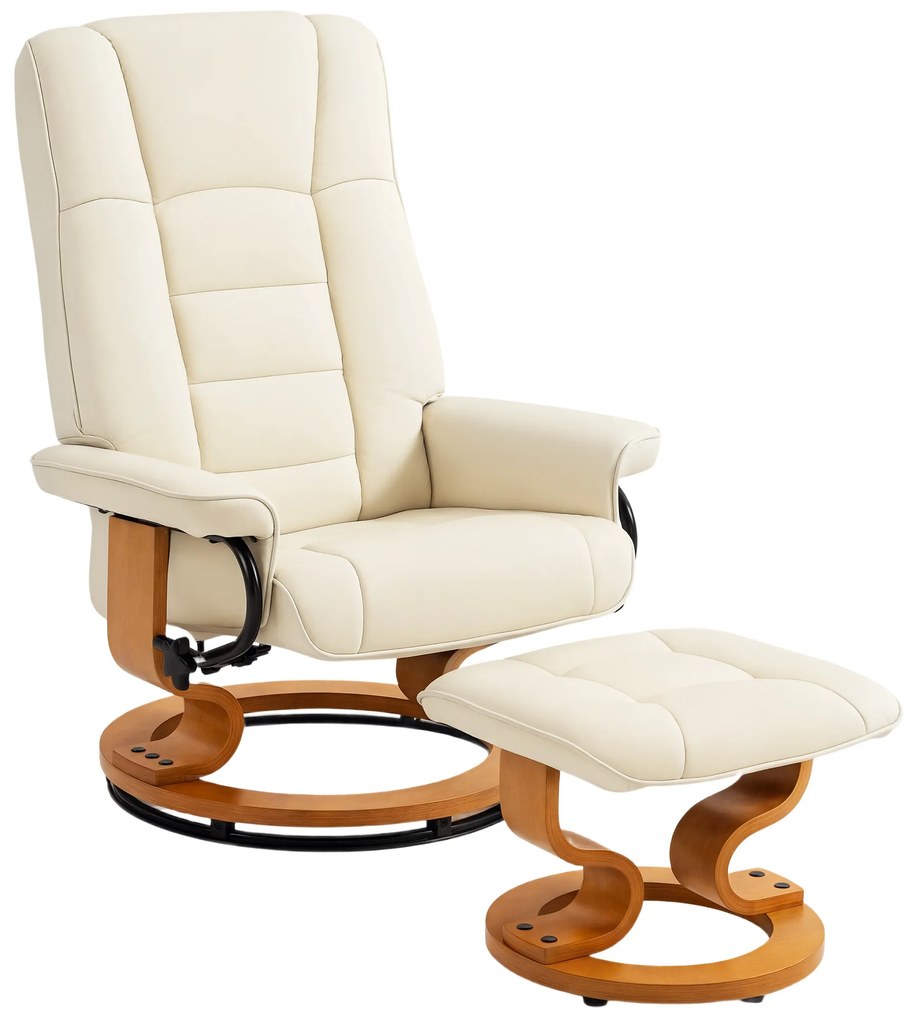 HOMCOM Poltrona de relaxamento reclinável com apoio para os pés, giratória, estrutura em madeira, revestimento sintético creme | Aosom Portugal