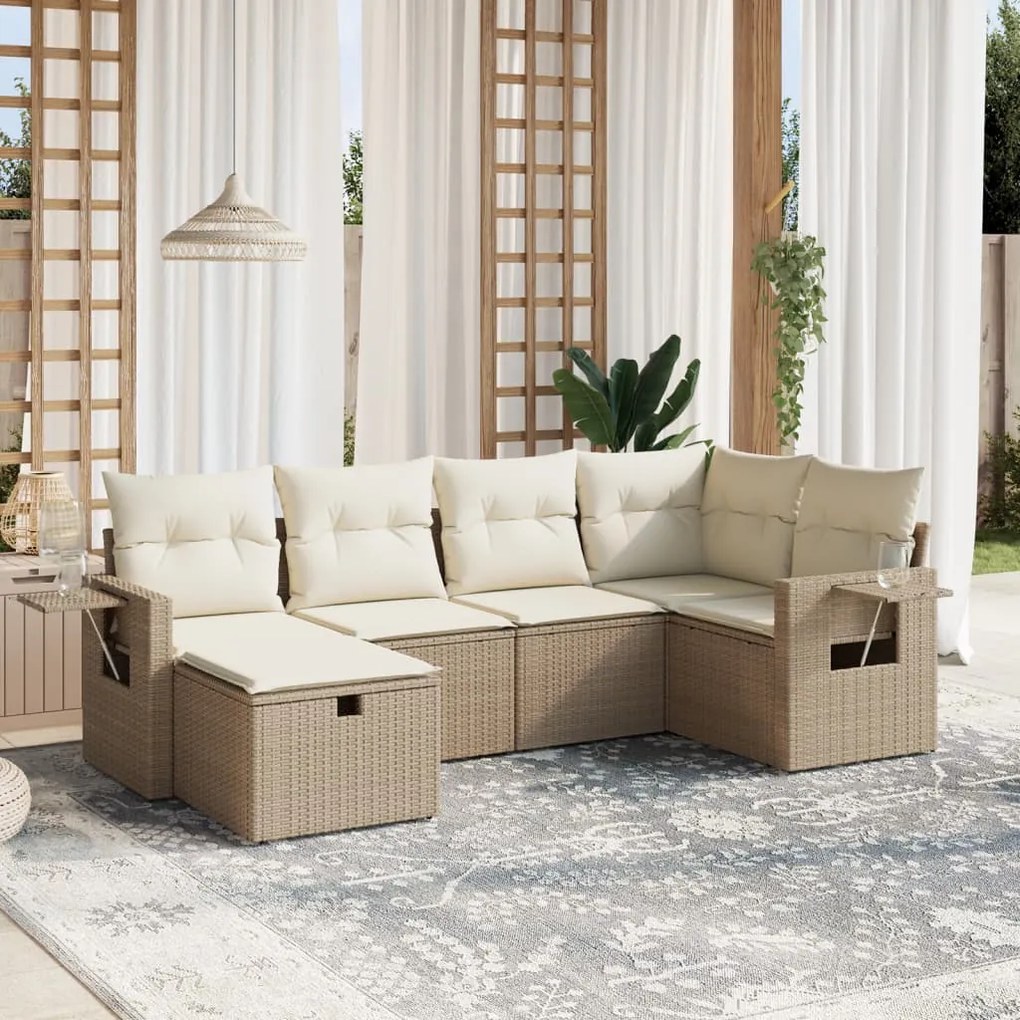 6 pcs conjunto de sofás p/ jardim com almofadões vime PE bege