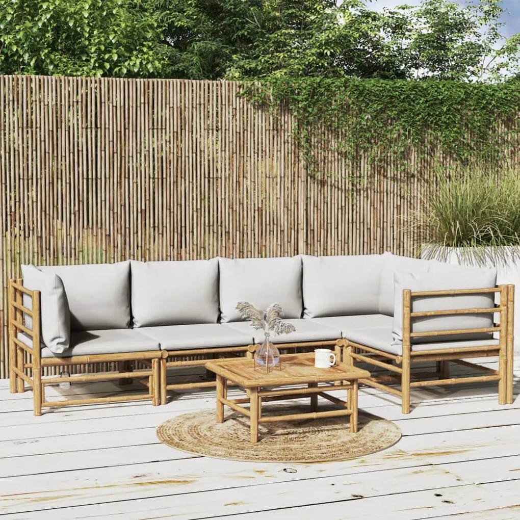vidaXL 6 pcs conj. lounge de jardim bambu c/ almofadões cinzento-claro