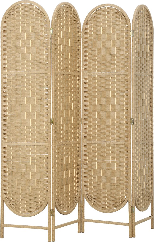 Biombo Separador de 4 Painéis 160x170 cm Painel de Privacidade Dobrável Boémio com Topo Arqueado Entrançado à Mão Madeira