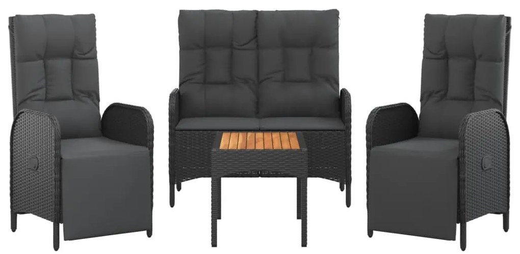 4 pcs conjunto de jardim p/ jardim c/ almofadões vime PE preto