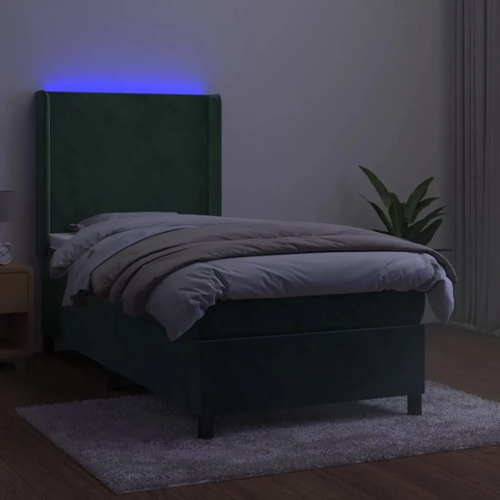 Cama box spring c/ colchão/LED 90x200 cm veludo verde-escuro