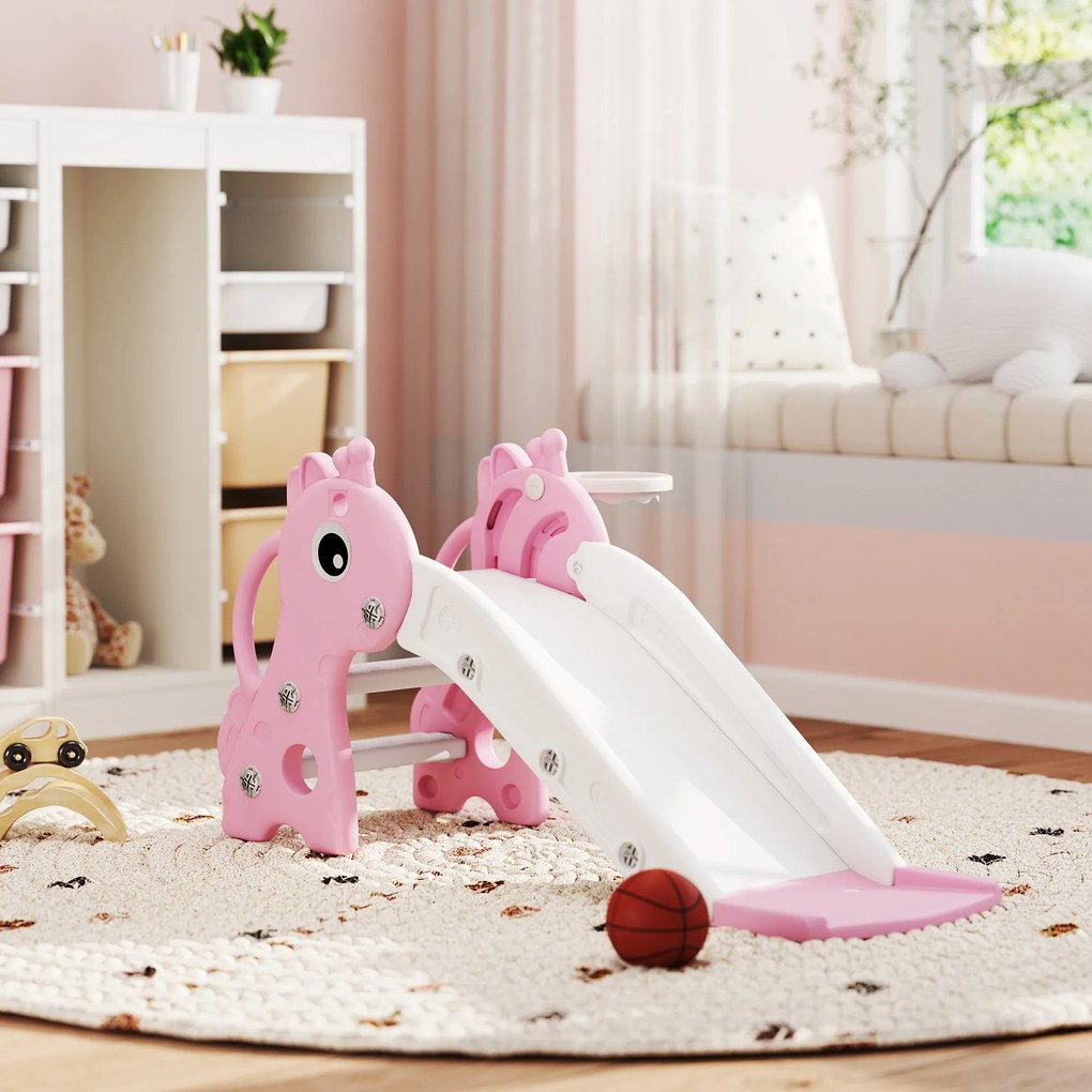 Escorrega infantil 3 em 1 em forma de girafa com cesto de basquetebol, trepa-trepa e bola, 106 x 51,5 x 52 cm, rosa