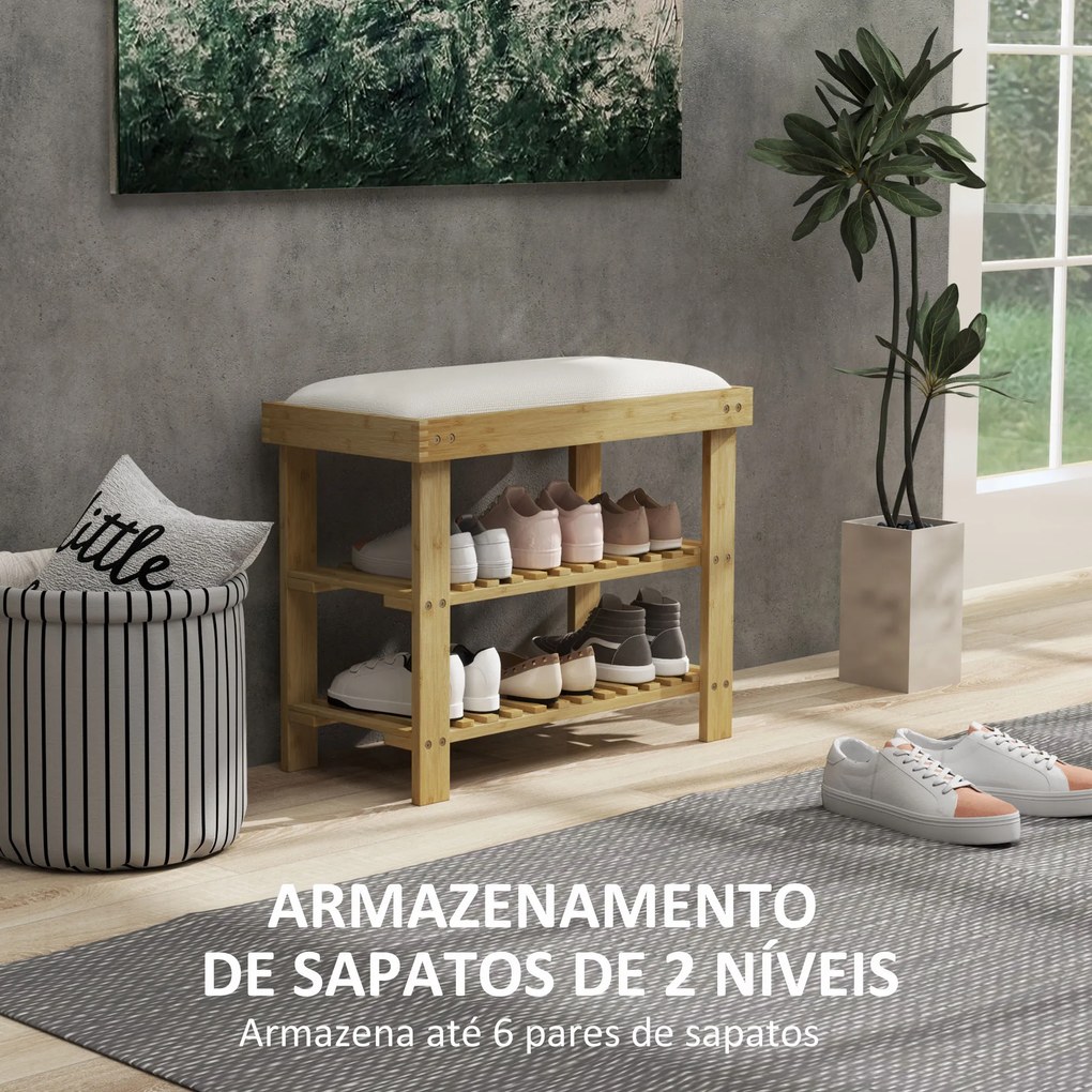 Banco Sapateira de Bambu Sapateira com Assento Almofadado 2 Prateleiras para 6 Pares de Sapatos 60x29x49 cm Madeira e Creme