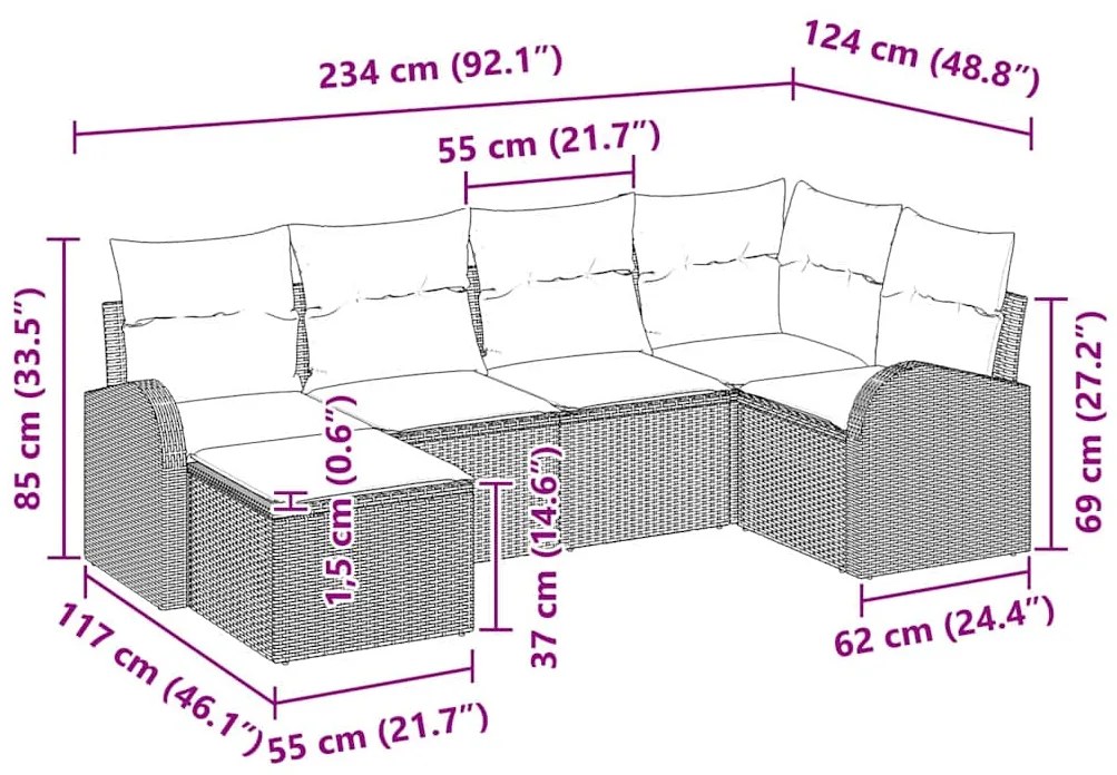 Conjunto de Sofá de Jardim 6 Peças com Almofadas Castanho Vime PE