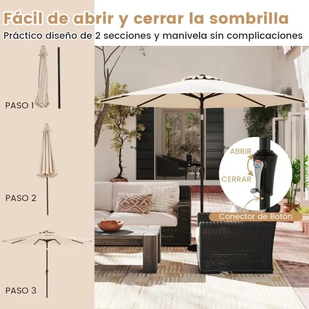 Guarda-sol de jardim 303 cm  com manivela, inclinação com botão, 8 varas, toldo duplo, impermeável e protetor solar Bege