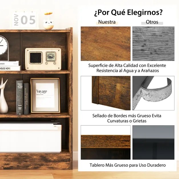 Estante de 3 níveis com prateleiras reguláveis e dispositivo anti-queda para sala e quarto 50 x 30 x 75 cm castanho