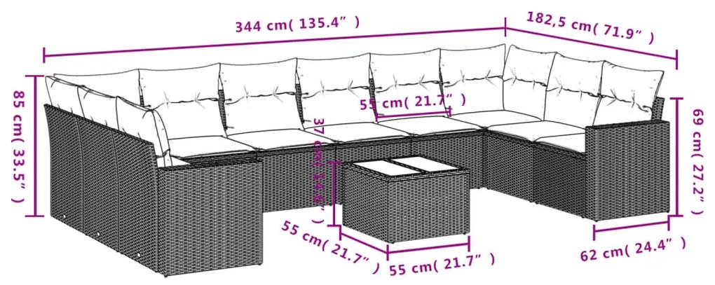 11 pcs conjunto sofás de jardim c/ almofadões vime PE cinzento