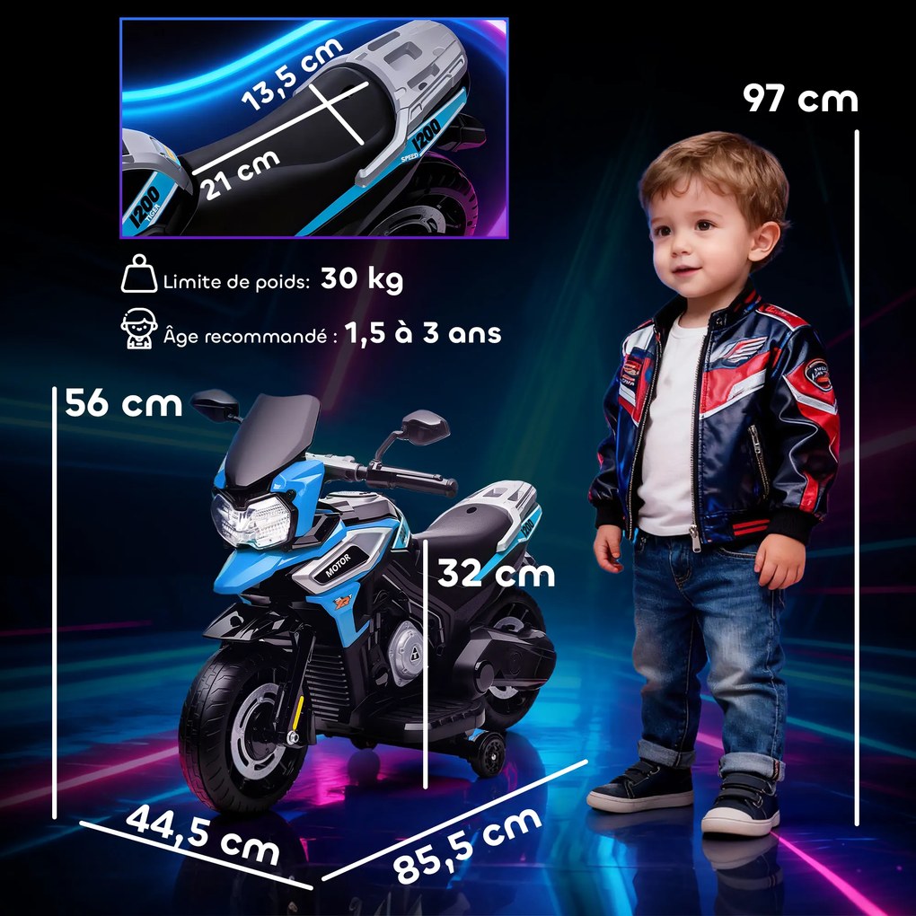 Moto elétrica para crianças de 6 V, para crianças 18 a 36 meses com rodas motrizes, música, efeitos luminosos, azul
