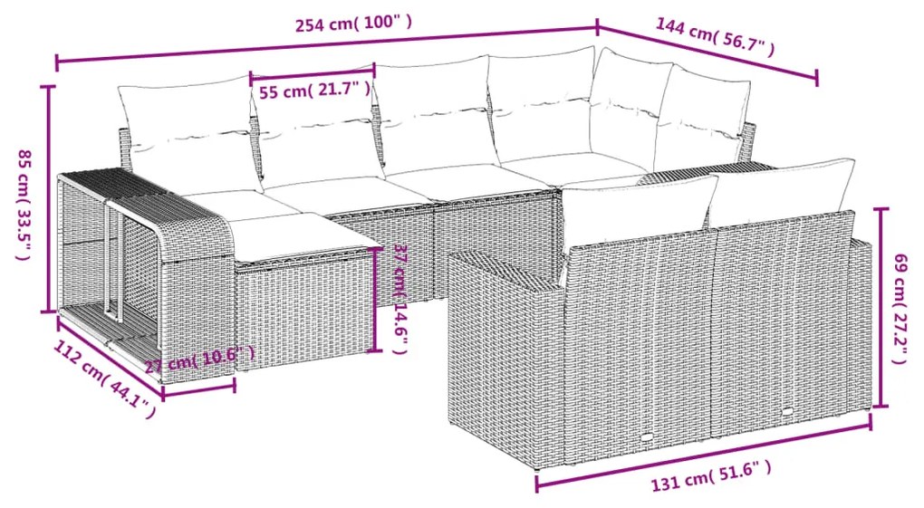 10 pcs conj. sofás jardim com almofadões vime PE cinzento-claro