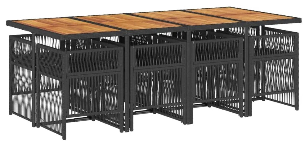 9 pcs conjunto de jantar p/ jardim c/ almofadões vime PE preto