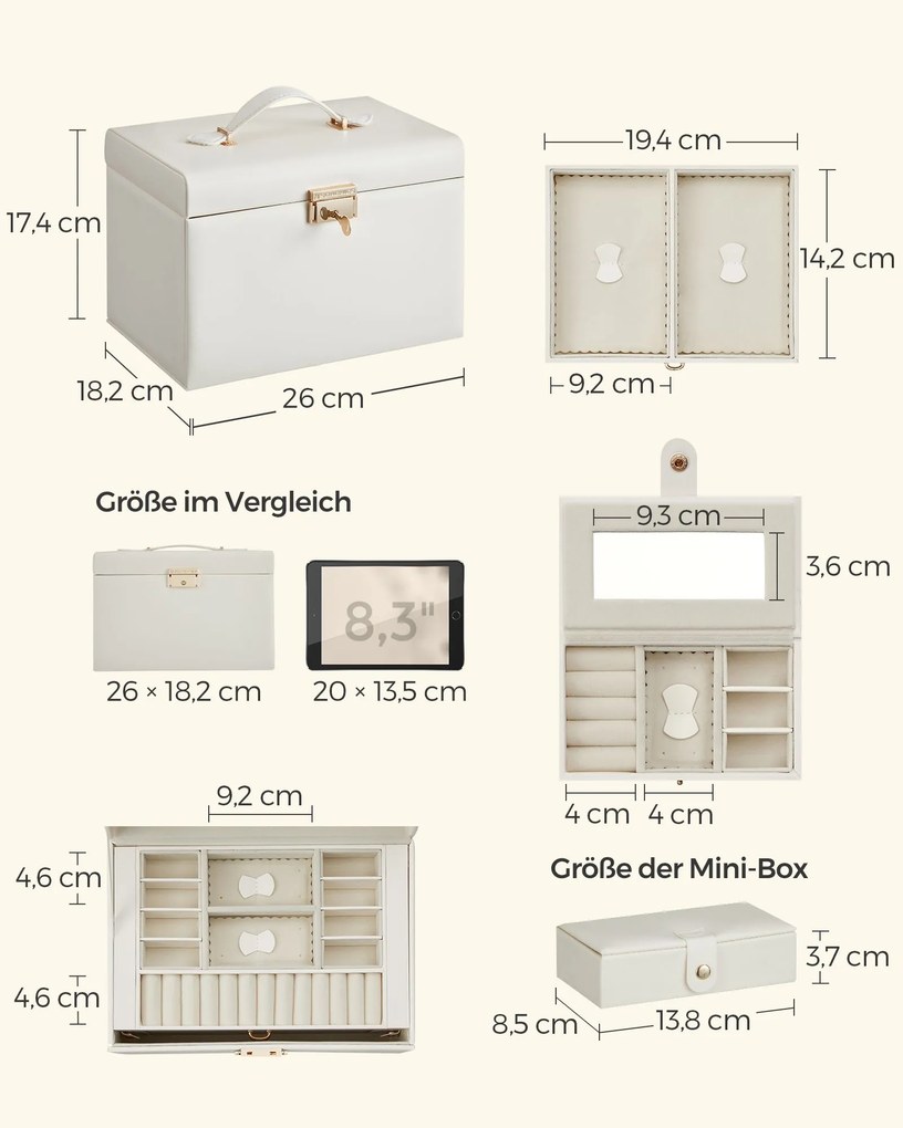 Caixa para joias de 3 níveis 18,2 x 26 x 17,4 cm com revestimento em PU em branco