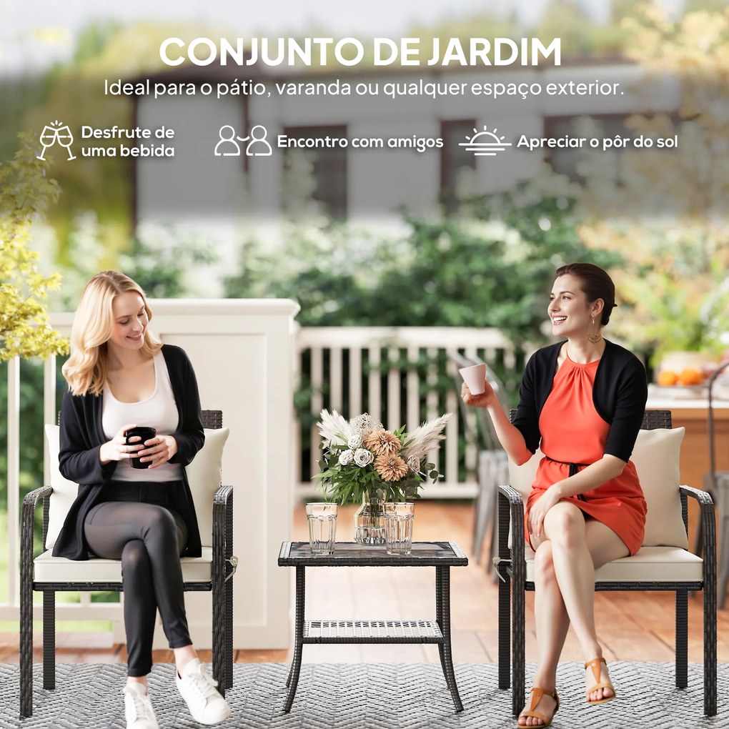 Conjunto de Jardim de 3 Peças com 2 Cadeiras e Mesa com Prateleira e Bancada de Vidro Castanho Escuro e Creme