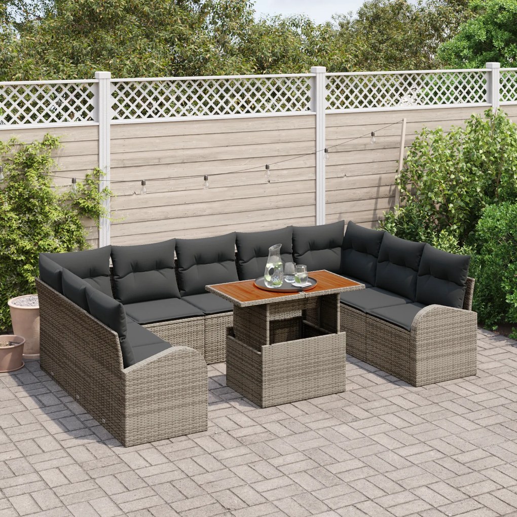 Conjunto de Sofá de Jardim de 10 Peças com Almofadas Cinza em Rattan P
