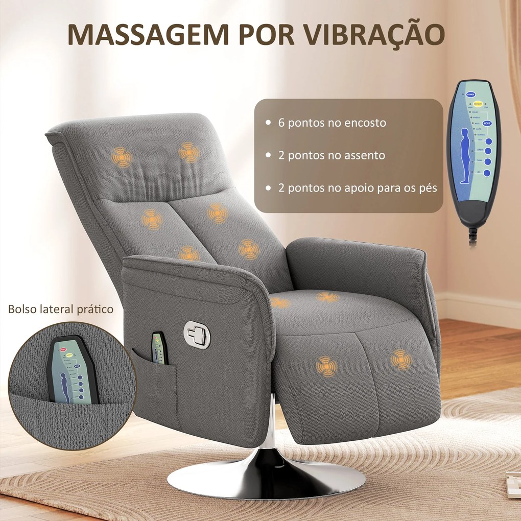 Poltrona de Massagem com Apoio para os Pés Poltrona Relax Reclinável até 135° com 10 Pontos de Massagem 68,5x84x110cm Cinza