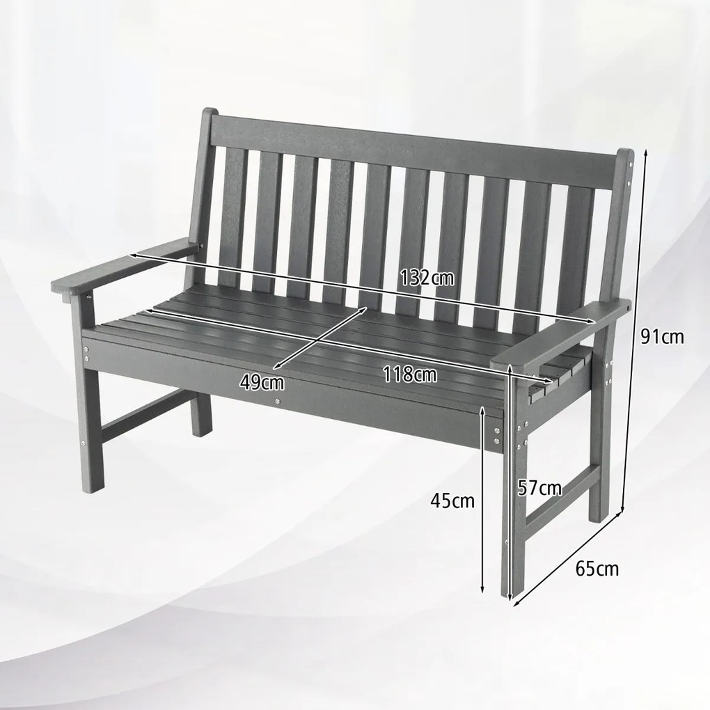 Banco de madeira Jardim PEAD com encosto e apoios de braços para terraço Varanda Resistente às intempéries para 2 pessoas 132 x 65 x 91 cm Cinzento
