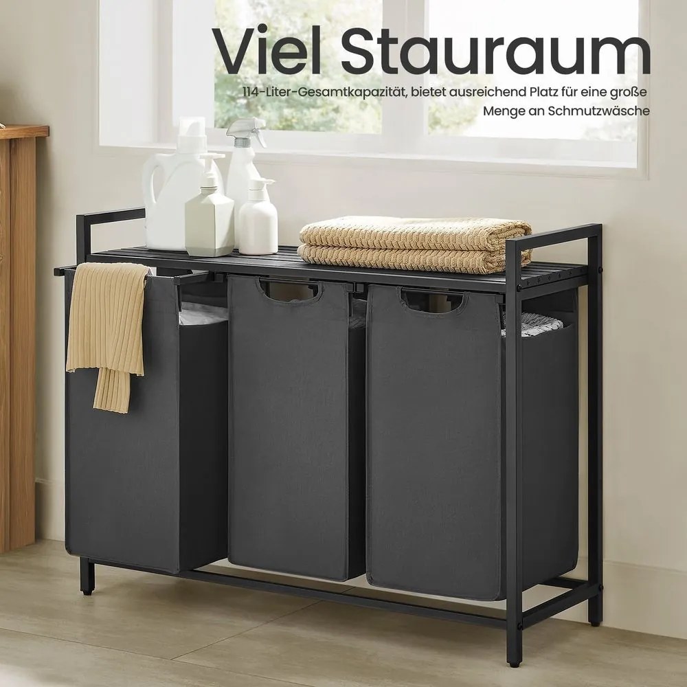 Cesto para roupa suja com 3 compartimentos e prateleira de 114 L, 92,5 x 33 x 72 cm preto + cinzento