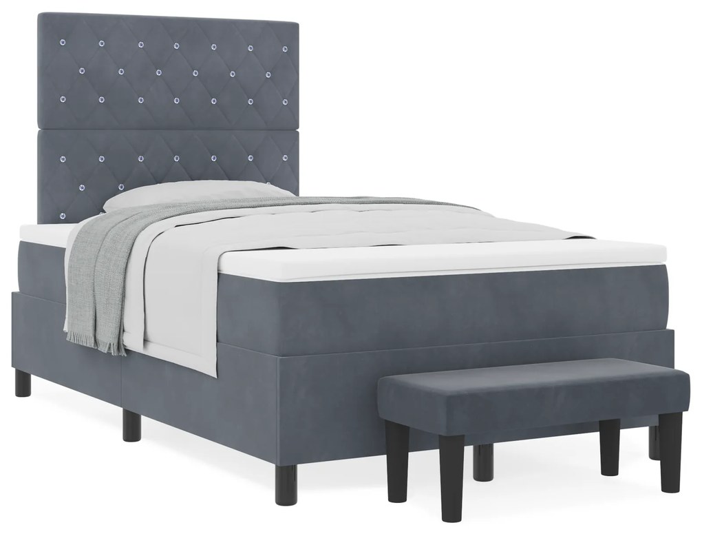 Cama Box Spring com Colchão e Banco Cinza Escuro 120x200 cm Veludo