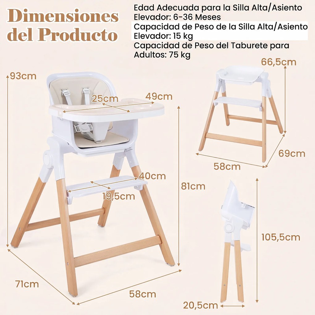 Cadeira de Alimentação Convertível 4 em 1, 71 x 58 x 93 cm, Bandeja Dupla Ajustável, Bege