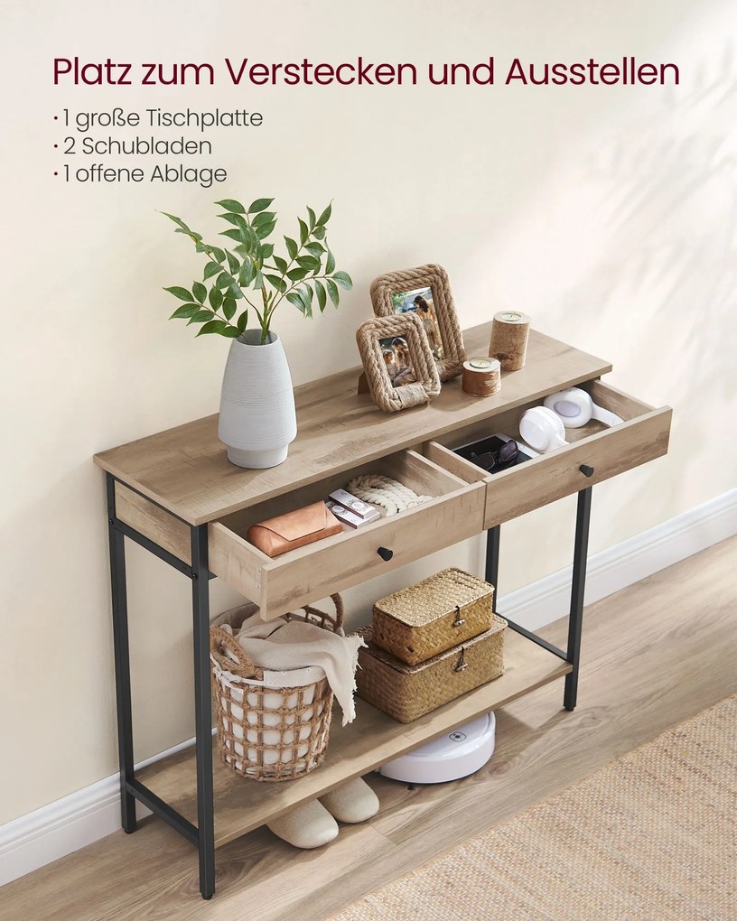 Mesa consola com 2 gavetas 30 x 100 x 80 cm castanho camelo-Preto