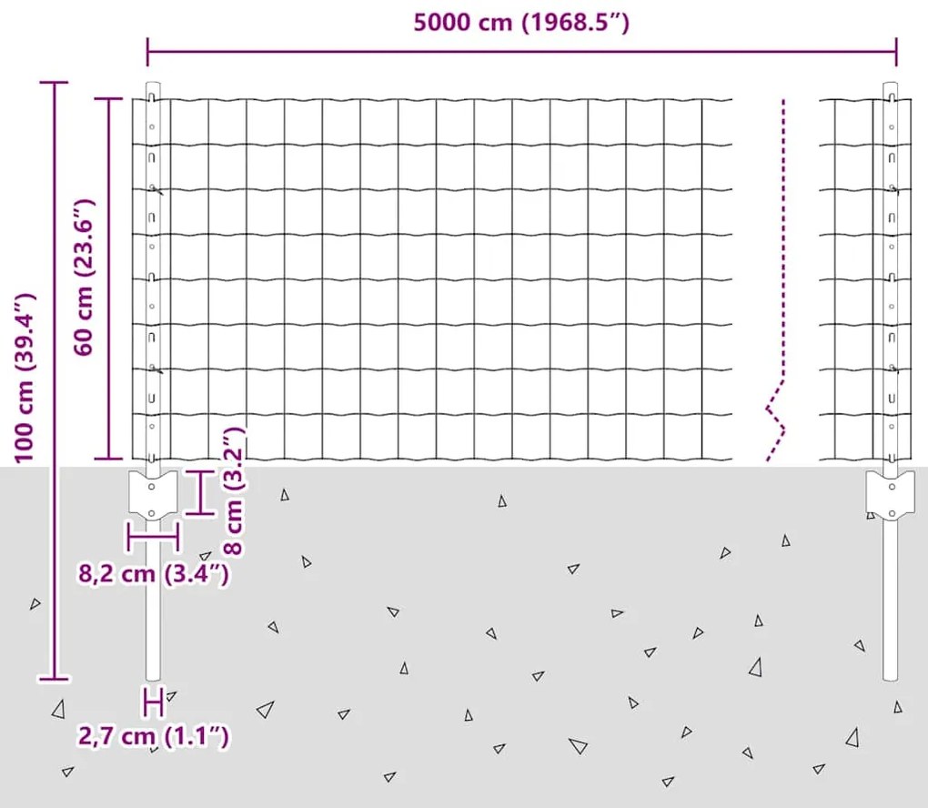 Cerca Euro com 22 Postes U Prateado 0,6x50 m Aço