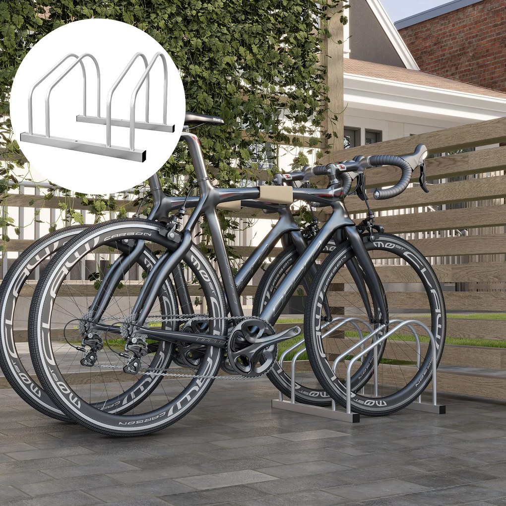 Suporte para 2 bicicletas, suporte de armazenamento para bicicletas com pneus de 61 mm, dimensões: 50 x 34 x 27,5 cm, em aço prateado