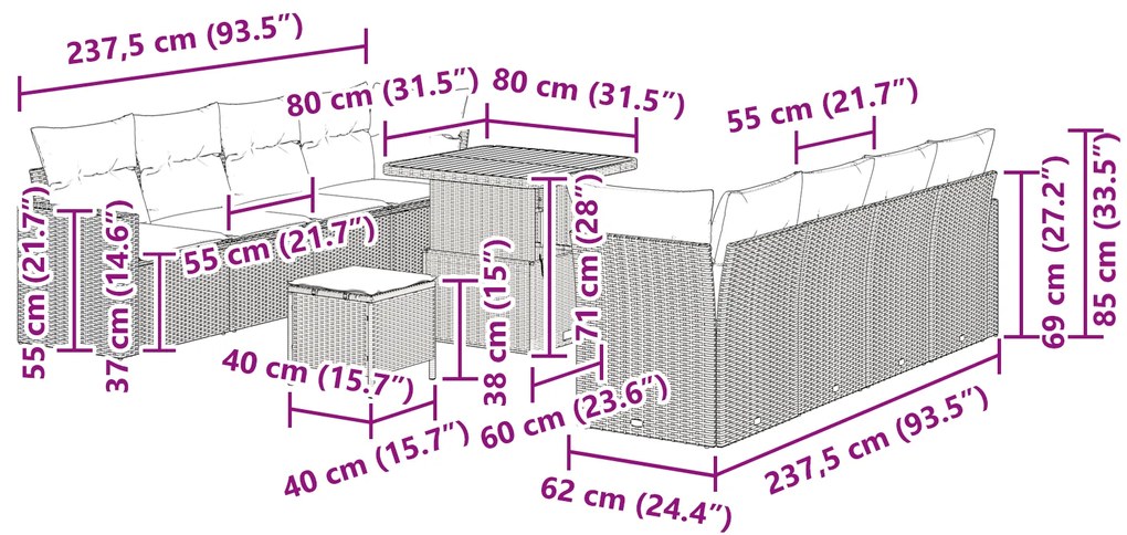 Conjunto de Sofá de Jardim vidaXL de 11 Peças com Almofadas Beje Ratta