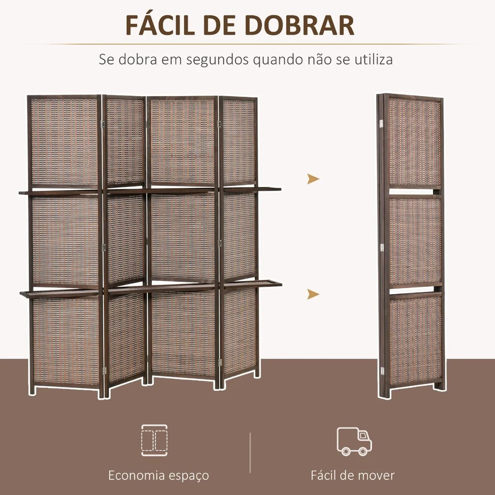 HOMCOM Biombo de 4 Painéis de Bambú Separador de Ambientes Dobrável com 2 Prateleiras Removíveis para Dormitório 180x180cm Marrom