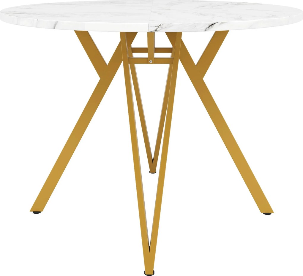 Mesa de jantar redonda para 4 pessoas, tampo em MDF, 100x100x76 cm, Branco+Ouro