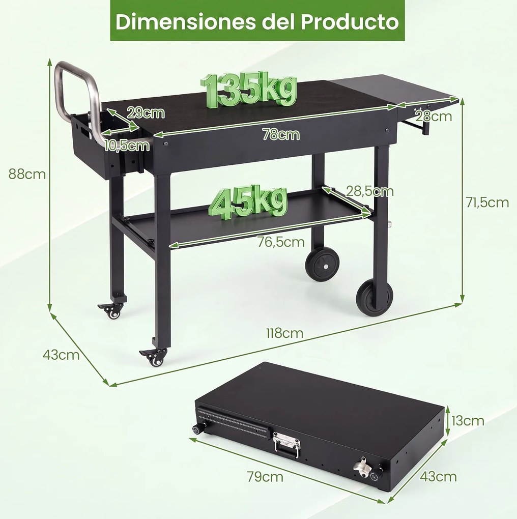 Carrinho Auxiliar para Churrasco com Rodas, 118 x 43 x 88 cm, Dobrável, Preto