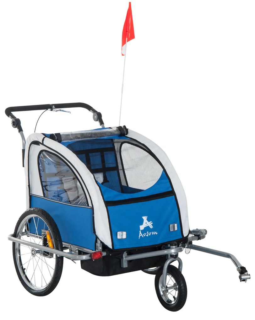 Reboque de Bicicleta para Crianças com 2 lugares e Roda 360º com Acoplamento Universal - Cinzento e Azul - 125x88x107cm