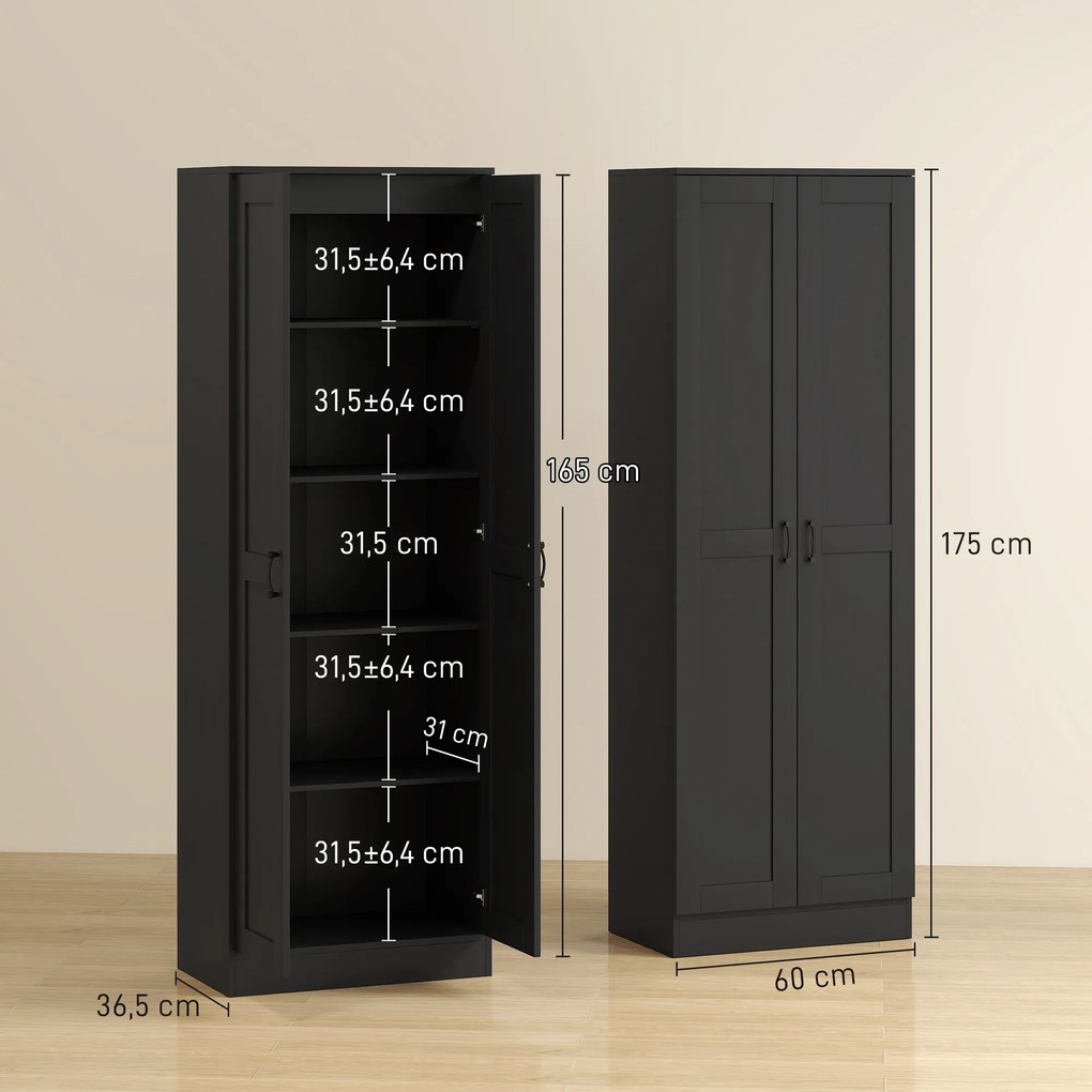 Armário de Arrumação de 2 Portas, 60 x 36,5 x 175 cm, 5 Prateleiras, Preto