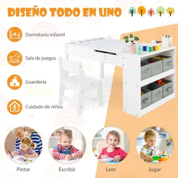 Conjunto de mesa elevatória e 2 cadeiras de arte para crianças Secretária de brincar 2 em 1 com rolos de papel Copos de tinta 6 recipientes Branco