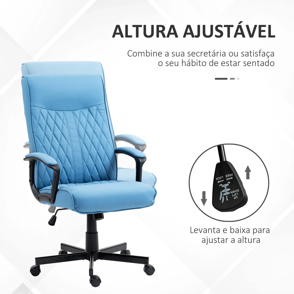 Cadeira de Escritório Giratória 360° com Encosto Alto Altura Ajustável e Função de Inclinação 65x65x102-112,5 cm Azul