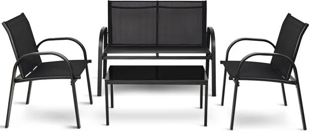 Conjunto Jardim de Mesa de Centro, 2 Cadeiras, Banco e Mesa de Centro de Jardim em Ferro e Malha para Terraço Exterior Preto