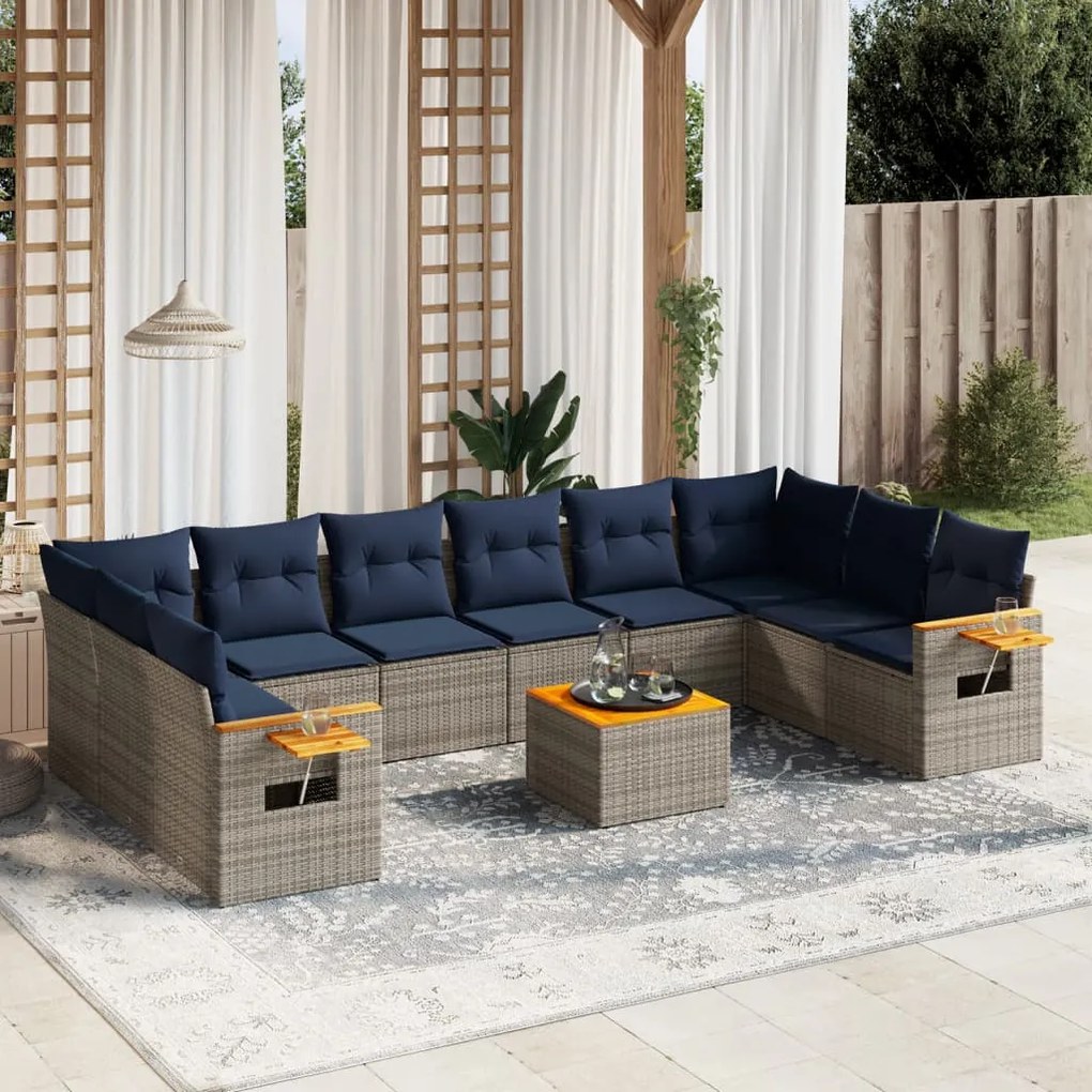 11 pcs conjunto sofás de jardim c/ almofadões vime PE cinzento