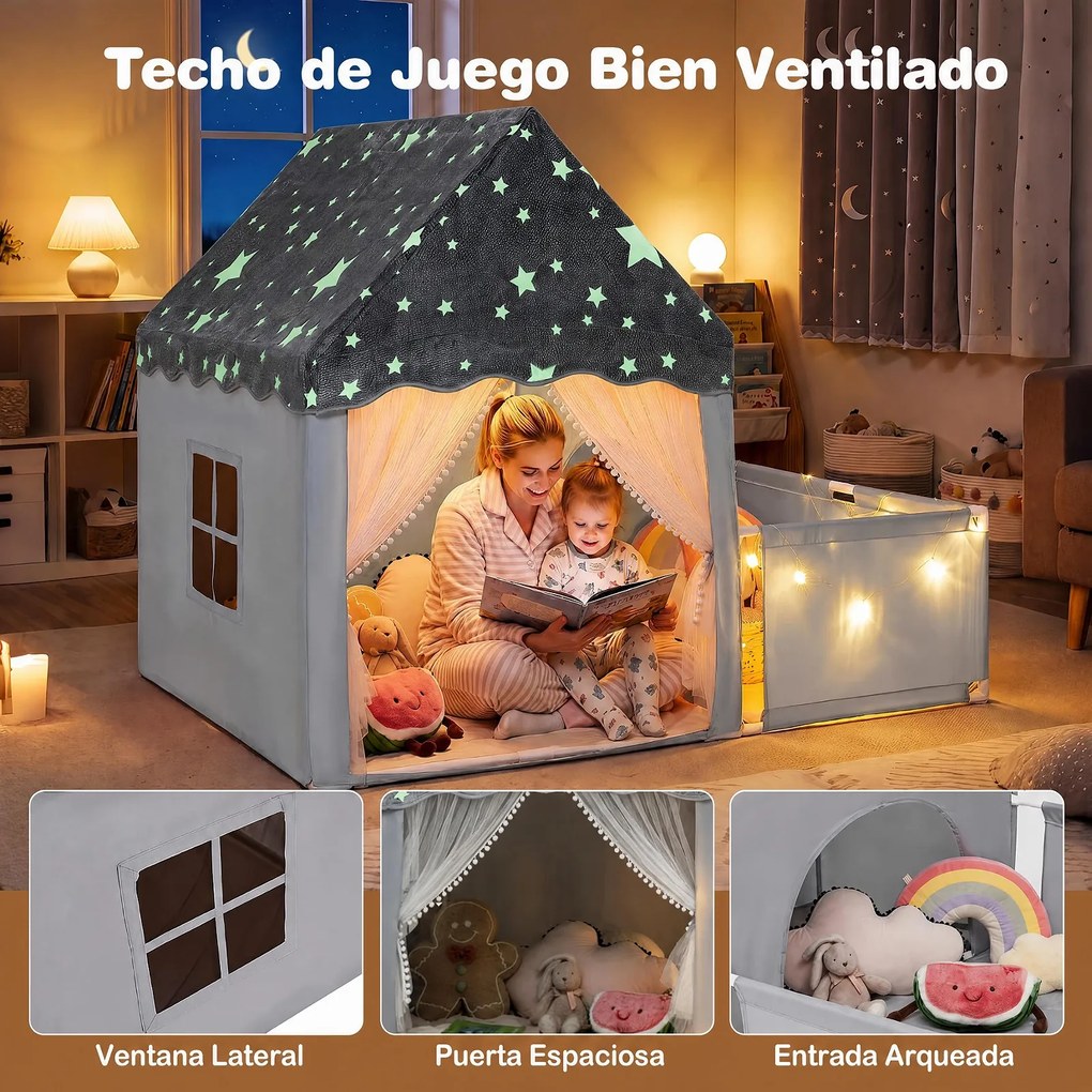 Casa de Jogos Infantil 2 em 1, 169 x 120 x 136 cm, Teto Fluorescente, Cinzento