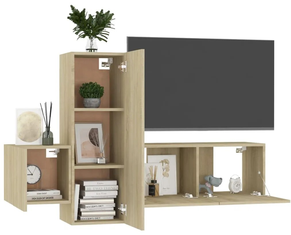 3 pcs conjunto móveis de TV derivados madeira carvalho sonoma