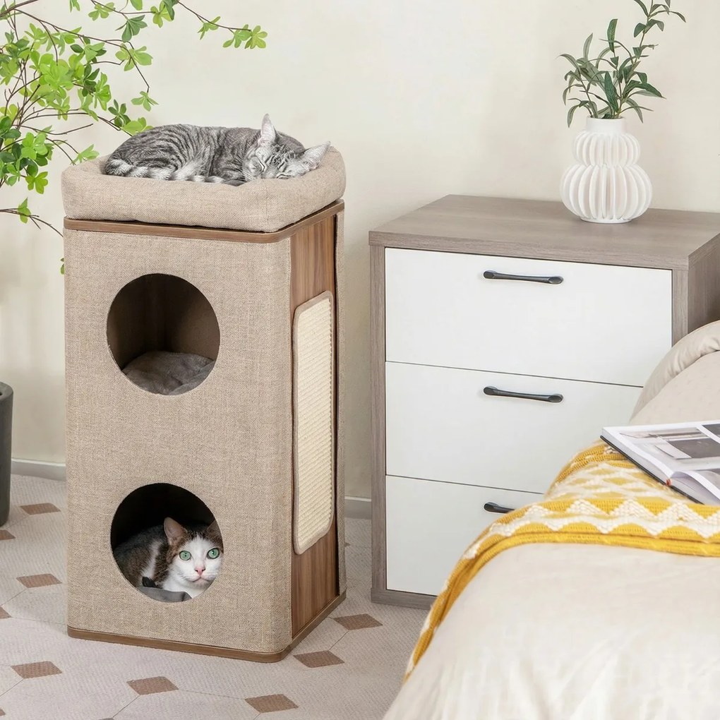 Casa para gatos de 3 andares 38 x 38 x 77,5 cm com tabuleiro para arranhar, 2 esconderijos e poleiro superior – – Natural e bege