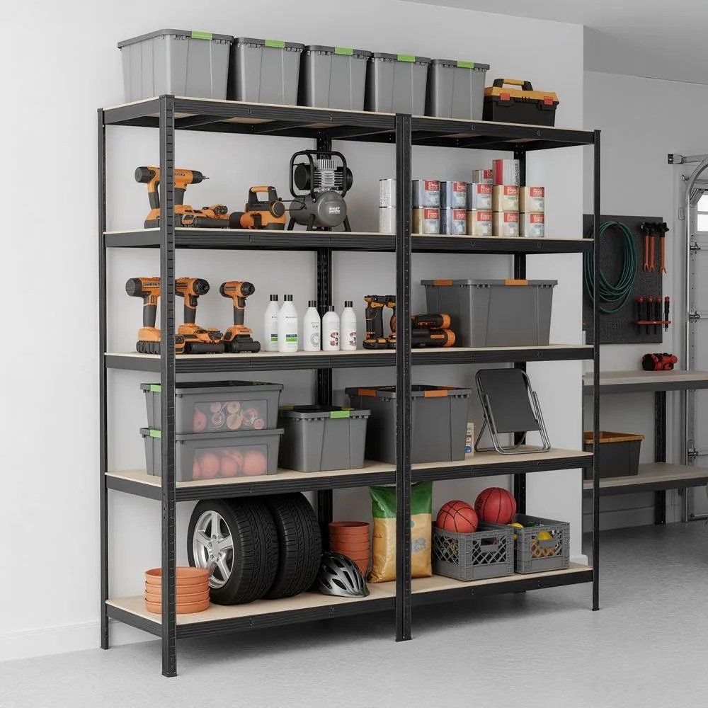 Conjunto de 2 estantes de armazenamento para garagem, escritório, 60 x 120 x 200 cm, pretas