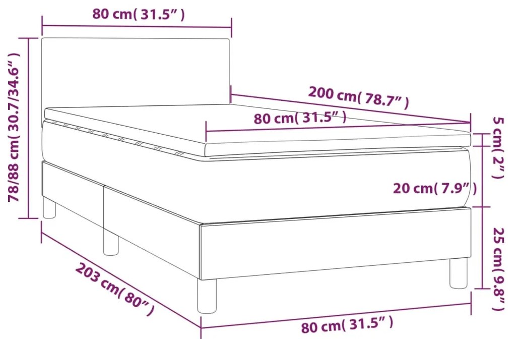 Cama box spring c/ colchão e LED 80x200 cm tecido azul