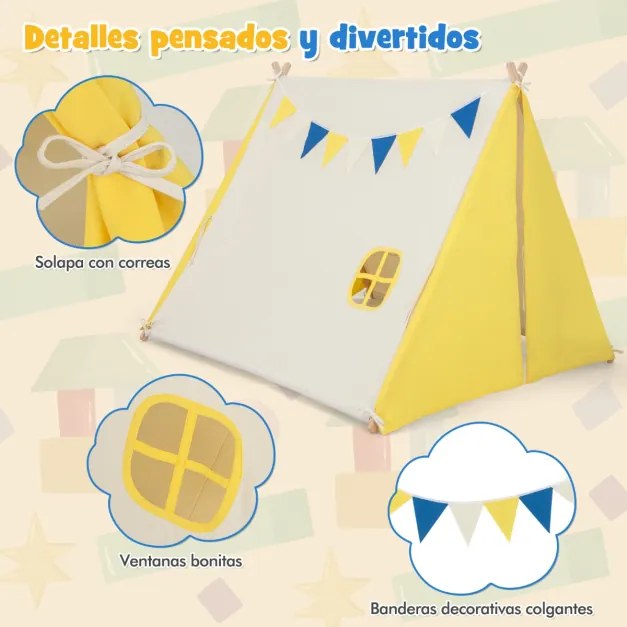 Tenda de brincar infantil com estrutura de madeira, tenda de lona de algodão para teatro infantil interno e externo Bege + Amarelo