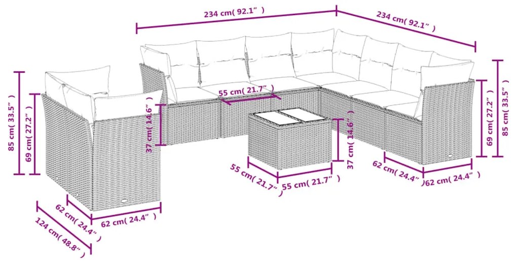 10 pcs conjunto sofás de jardim c/ almofadões vime PE preto