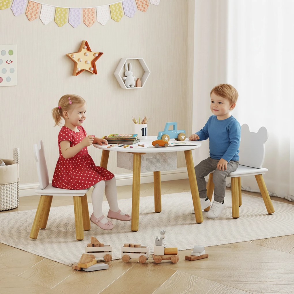 Conjunto composto por 1 mesa redonda e 2 cadeiras infantis de 3 peças, com encosto em forma de urso, para atividades, trabalhos manuais e refeições, p
